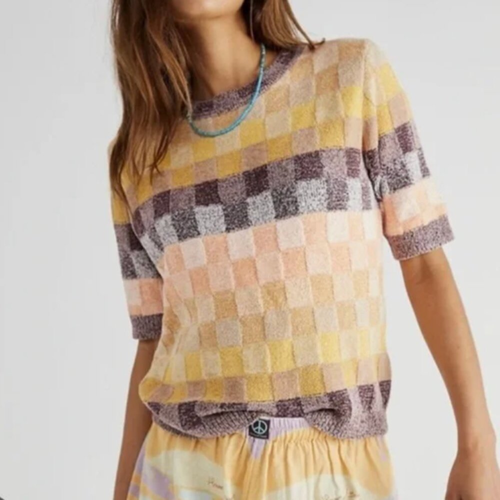 Free People Checkered Chenille Short Sleeve Sweater